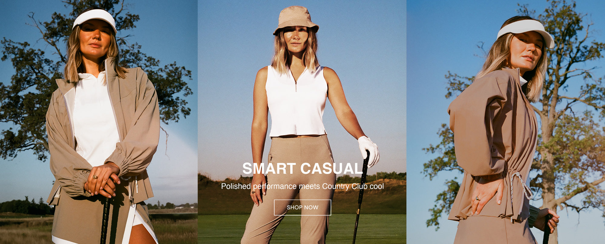 Woman at golf course wearing smart casual luxury golf wear