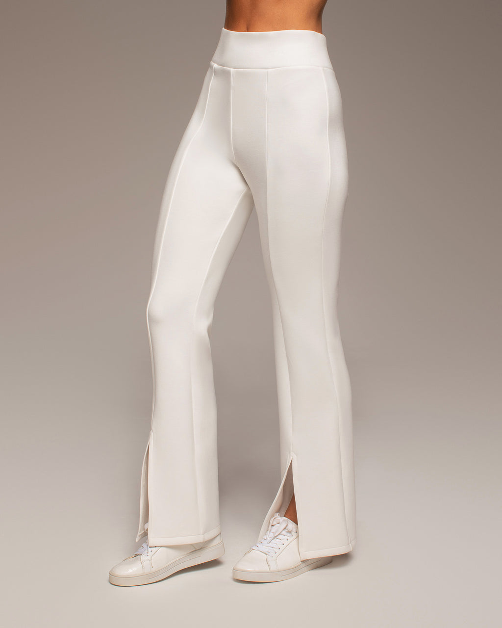 ladies ivory dress pants Women's The High Waist Wide Leg Pant in Ivory is designed to flatter with a sleek Satin Waistband Fitted Suit Pants